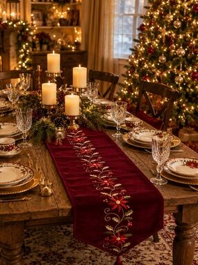 Inspired Treasure Burgundy Red Poinsettia Table Runner